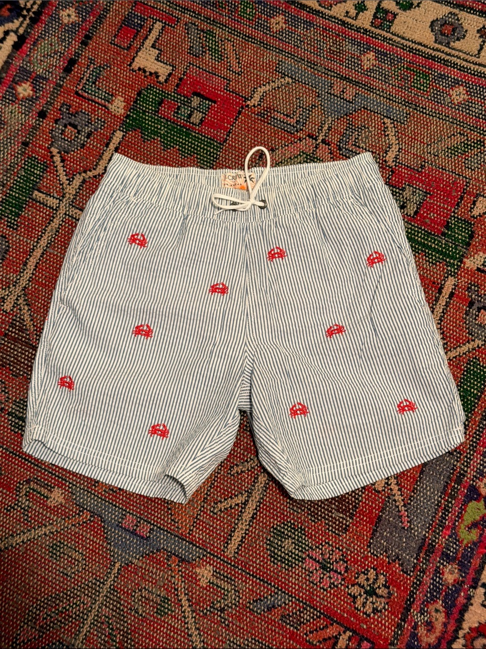 J. Crew Blue and White Striped Swim Trunks with Red Crab Embroidery
